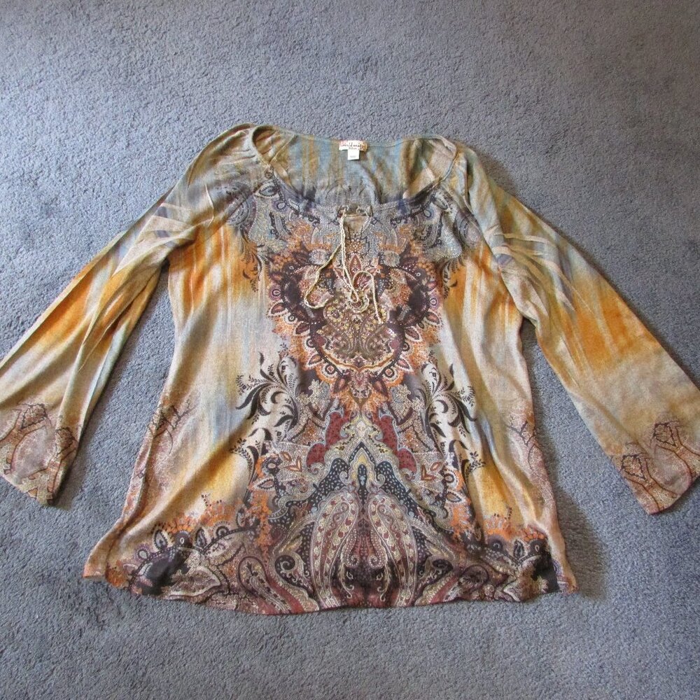 World Unity 1X Boho Sublimation Brown Blue Paisley Rhinestone Tie Scoop Neck Top